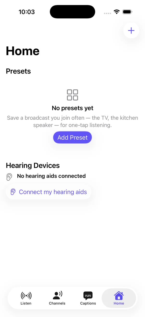 The Home tab with Presets and Hearing Devices sections.