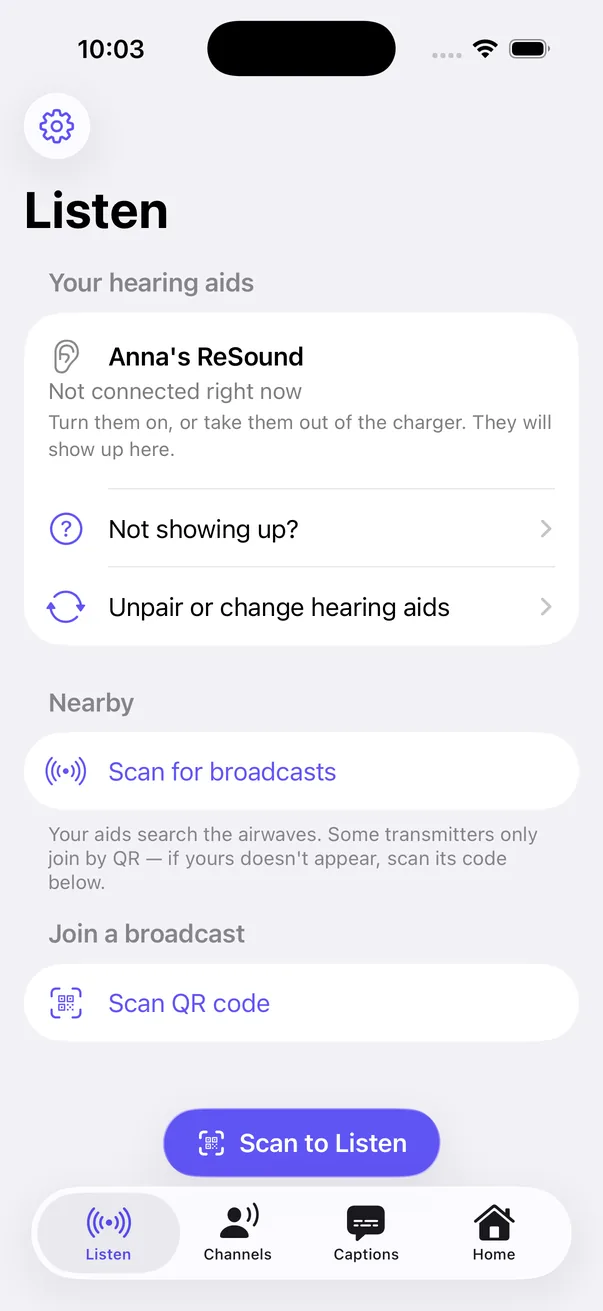 HearAura's Listen screen showing Anna's ReSound hearing aids, with Scan for broadcasts and Scan QR code below.