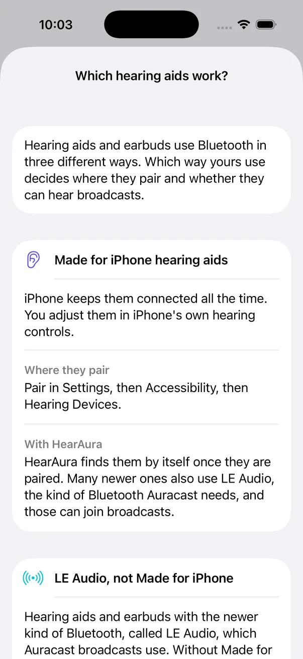 Which hearing aids work? Made for iPhone hearing aids, and LE Audio hearing aids that aren't Made for iPhone.